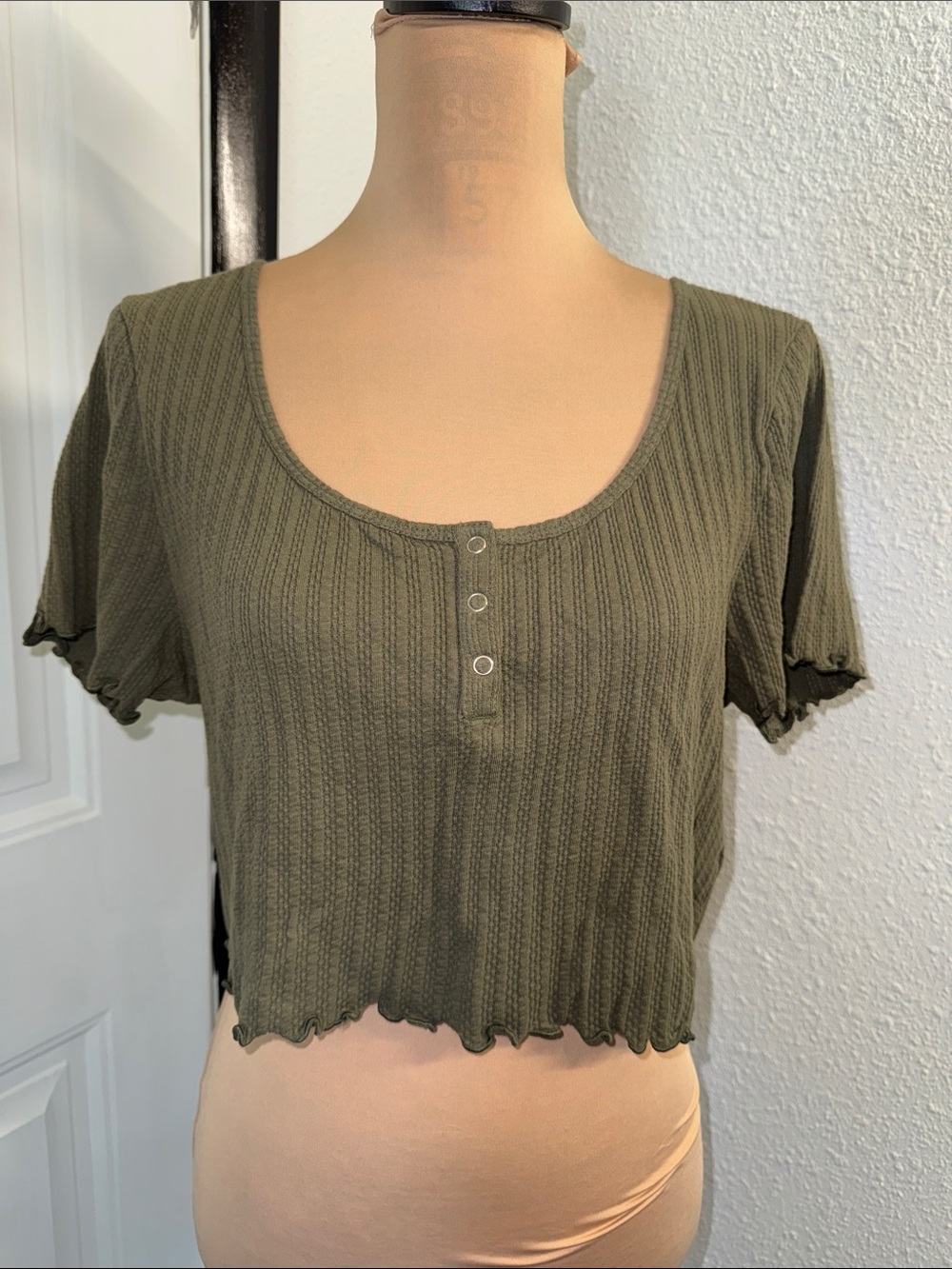 bp Olive Ribbed Scoop Neck Crop Top with Henley Buttons